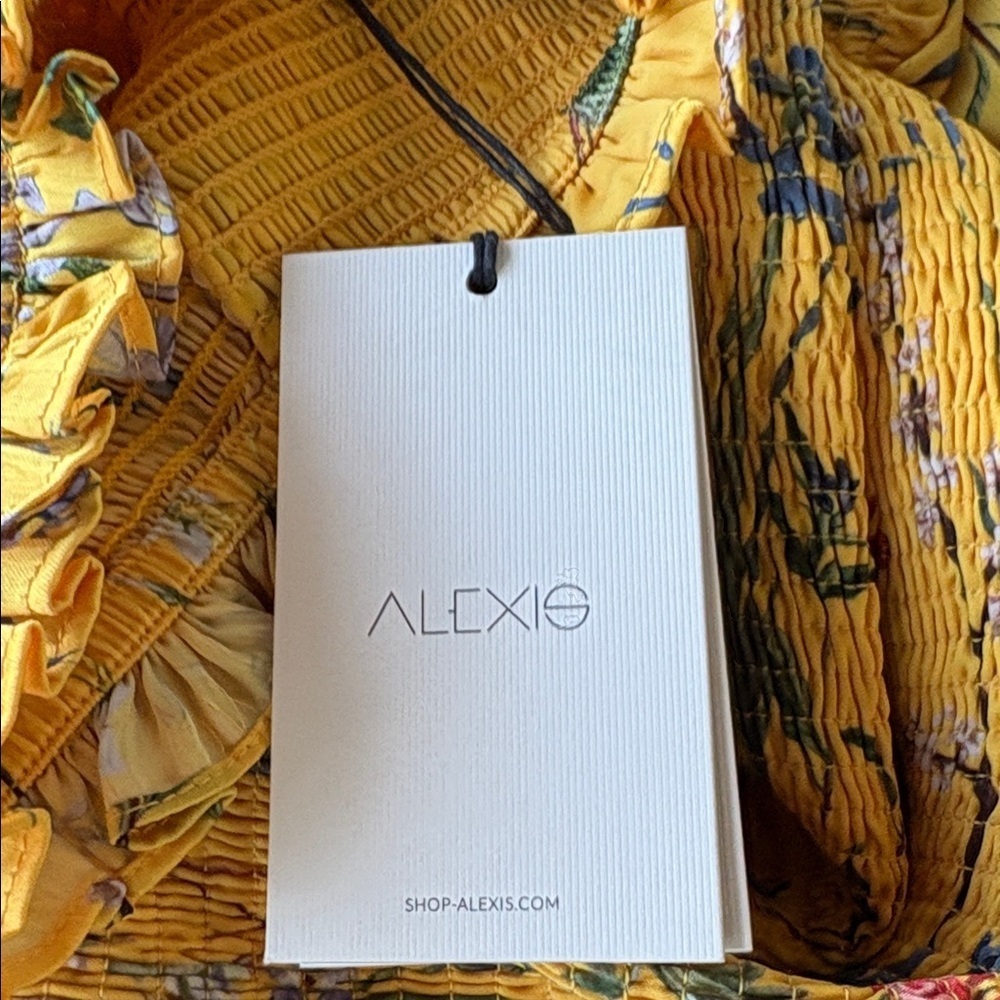 NWT ALEXIS Gemina Off-the-Shoulder Dress Yellow Floral Print Satin Smocked Large - Picture 3 of 4